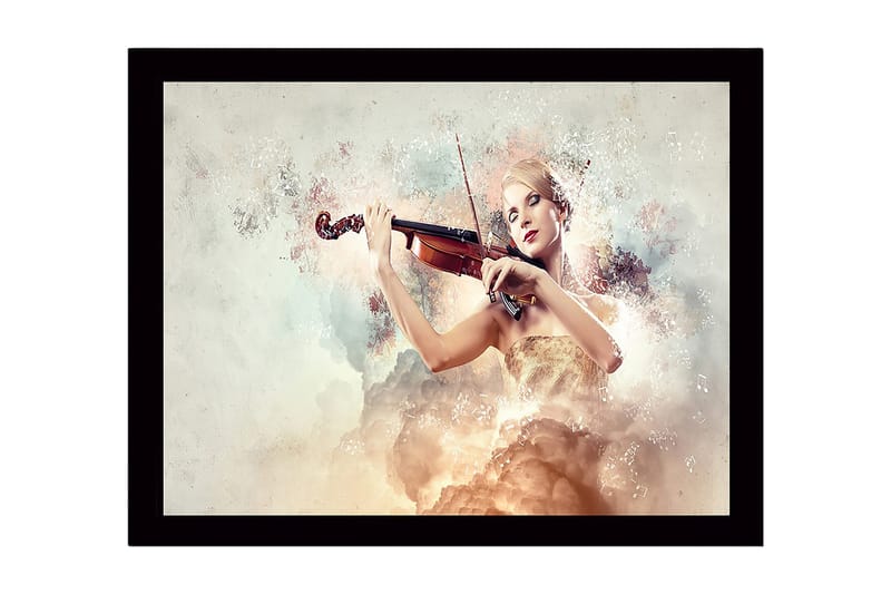 Innrammet trelerretsbilde - 41x56 cm - Elegant kvinne som spiller fiolin omgitt av drømmeaktige skyer, Lys beige / Myk rosa / Gull