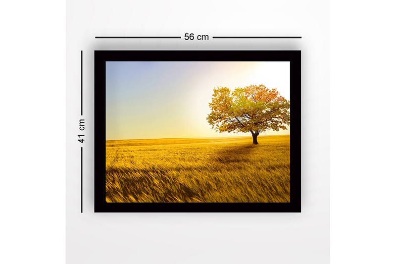 Innrammet trelerretsbilde - 41x56 cm - Ensomt høsttre i en gyllen åker - Gull / Grønn / Oransje - Interiør - Maleri & posters - Lerretsbilder