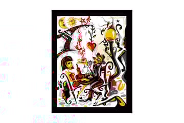 Innrammet trelerretsbilde - 41x56 cm - Fargerik scene med to figurer som samhandler i en romantisk atmosfære - Rød / Svart / Gul - Interiør - Maleri & posters - Lerretsbilder