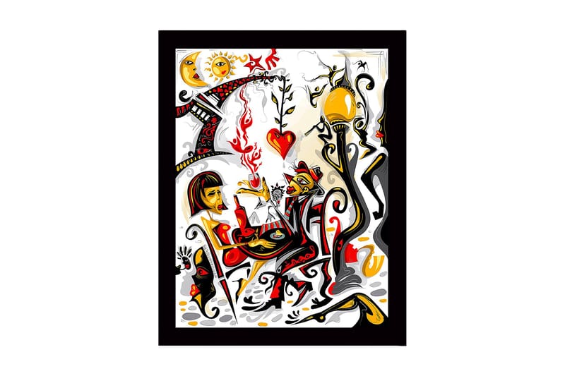 Innrammet trelerretsbilde - 41x56 cm - Fargerik scene med to figurer som samhandler i en romantisk atmosfære, Rød / Svart / Gul