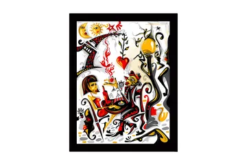 Innrammet trelerretsbilde - 41x56 cm - Fargerik scene med to figurer som samhandler i en romantisk atmosfære - Rød / Svart / Gul - Interiør - Maleri & posters - Lerretsbilder