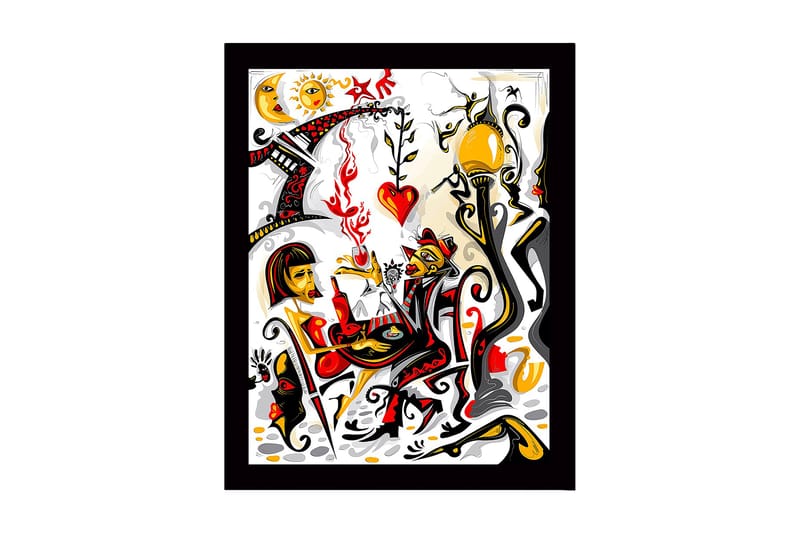 Innrammet trelerretsbilde - 41x56 cm - Fargerik scene med to figurer som samhandler i en romantisk atmosfære, Rød / Svart / Gul