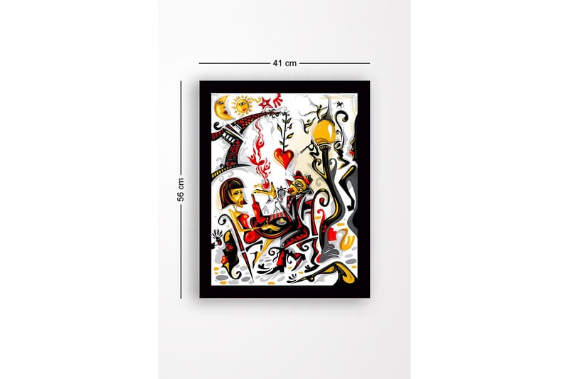 Innrammet trelerretsbilde - 41x56 cm - Fargerik scene med to figurer som samhandler i en romantisk atmosfære - Rød / Svart / Gul - Interiør - Maleri & posters - Lerretsbilder