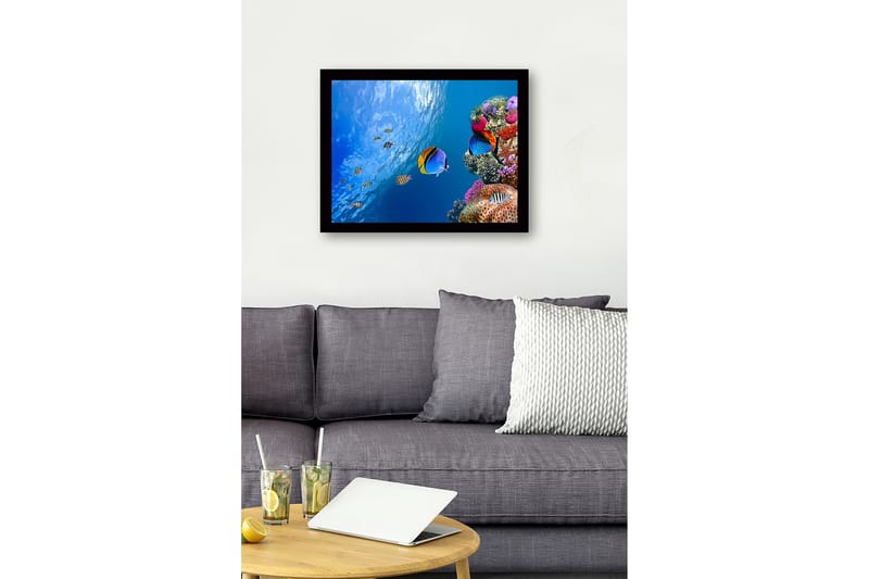 Innrammet trelerretsbilde - 41x56 cm - Fargerik undervannsscene med korallrev og svømmende fisk - Blå / Oransje / Rosa - Interiør - Maleri & posters - Lerretsbilder