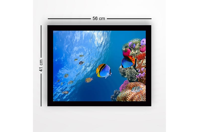 Innrammet trelerretsbilde - 41x56 cm - Fargerik undervannsscene med korallrev og svømmende fisk - Blå / Oransje / Rosa - Interiør - Maleri & posters - Lerretsbilder