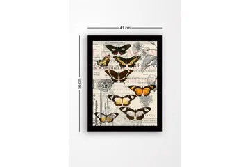 Innrammet trelerretsbilde - 41x56 cm - Fargerike sommerfugler på en vintage-inspirert bakgrunn - Svart / Brun / Oransje - Interiør - Maleri & posters - Lerretsbilder