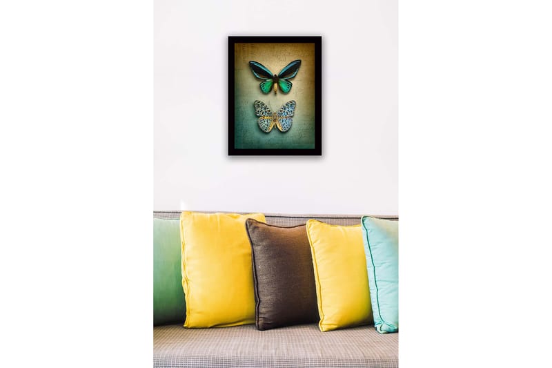 Innrammet trelerretsbilde - 41x56 cm - Fargerike sommerfugler på en teksturert bakgrunn - Grønn / Blå / Beige - Interiør - Maleri & posters - Lerretsbilder