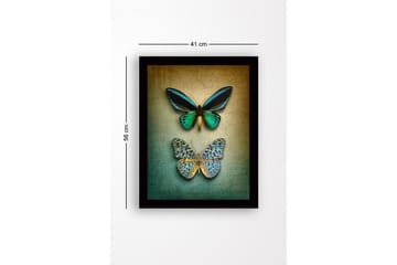 Innrammet trelerretsbilde - 41x56 cm - Fargerike sommerfugler på en teksturert bakgrunn - Grønn / Blå / Beige - Interiør - Maleri & posters - Lerretsbilder
