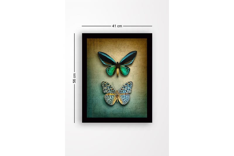 Innrammet trelerretsbilde - 41x56 cm - Fargerike sommerfugler på en teksturert bakgrunn - Grønn / Blå / Beige - Interiør - Maleri & posters - Lerretsbilder