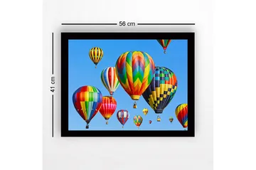 Innrammet trelerretsbilde - 41x56 cm - Fargerike varmluftsballonger som svever over en klar blå himmel - Rød / Grønn / Gul - Interiør - Maleri & posters - Lerretsbilder