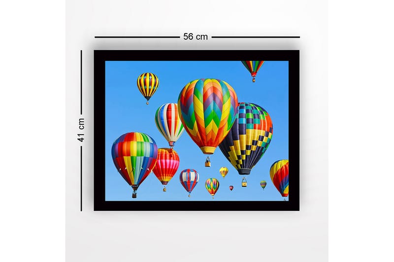 Innrammet trelerretsbilde - 41x56 cm - Fargerike varmluftsballonger som svever over en klar blå himmel - Rød / Grønn / Gul - Interiør - Maleri & posters - Lerretsbilder