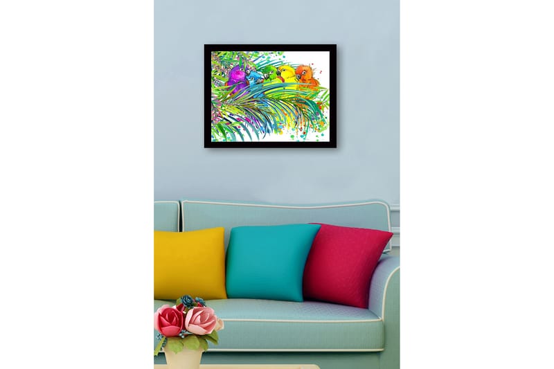 Innrammet trelerretsbilde - 41x56 cm - Fargerike papegøyer omgitt av tropiske planter - Grønn / Blå / Gul - Interiør - Maleri & posters - Lerretsbilder