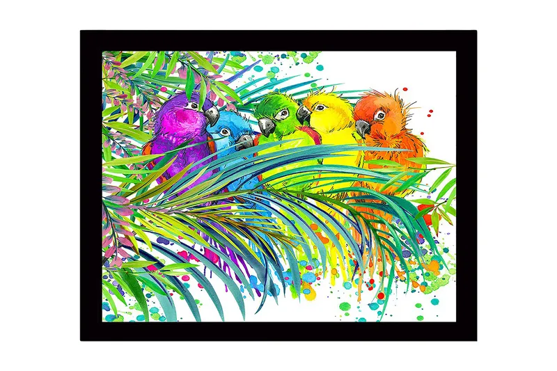 Innrammet trelerretsbilde - 41x56 cm - Fargerike papegøyer omgitt av tropiske planter, Grønn / Blå / Gul