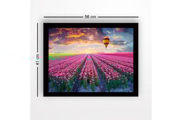 Innrammet trelerretsbilde - 41x56 cm - Felt med fargerike tulipaner under en ballong ved solnedgang - Rosa / Grønn / Oransje - Interiør - Maleri & posters - Lerretsbilder