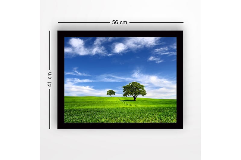 Innrammet trelerretsbilde - 41x56 cm - Frodig landskap med to trær under en blå himmel - Grønn / Blå - Interiør - Maleri & posters - Lerretsbilder