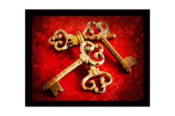 Innrammet trelerretsbilde - 41x56 cm - Gamle nøkler med intrikate mønstre på rød bakgrunn - Rød / Gull - Interiør - Maleri & posters - Lerretsbilder