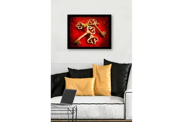 Innrammet trelerretsbilde - 41x56 cm - Gamle nøkler med intrikate mønstre på rød bakgrunn - Rød / Gull - Interiør - Maleri & posters - Lerretsbilder