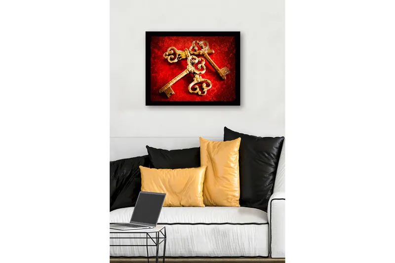 Innrammet trelerretsbilde - 41x56 cm - Gamle nøkler med intrikate mønstre på rød bakgrunn - Rød / Gull - Interiør - Maleri & posters - Lerretsbilder