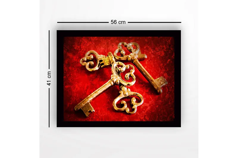 Innrammet trelerretsbilde - 41x56 cm - Gamle nøkler med intrikate mønstre på rød bakgrunn - Rød / Gull - Interiør - Maleri & posters - Lerretsbilder