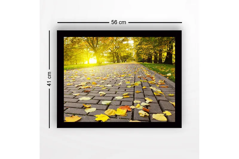 Innrammet trelerretsbilde - 41x56 cm - Gyldne høstblader på en asfaltert vei - Gul / Oransje / Brun - Interiør - Maleri & posters - Lerretsbilder