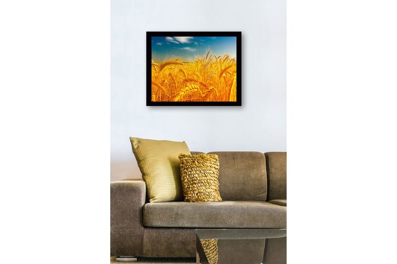 Innrammet trelerretsbilde - 41x56 cm - Gyldne hveteåkre under en klar himmel - Gull / Blå / Grønn - Interiør - Maleri & posters - Lerretsbilder