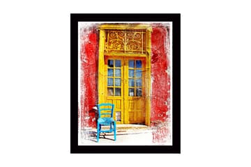 Innrammet trelerretsbilde - 41x56 cm - Gyllen dør med en blå stol foran på en rød vegg - Gul / Blå / Rød - Interiør - Maleri & posters - Lerretsbilder