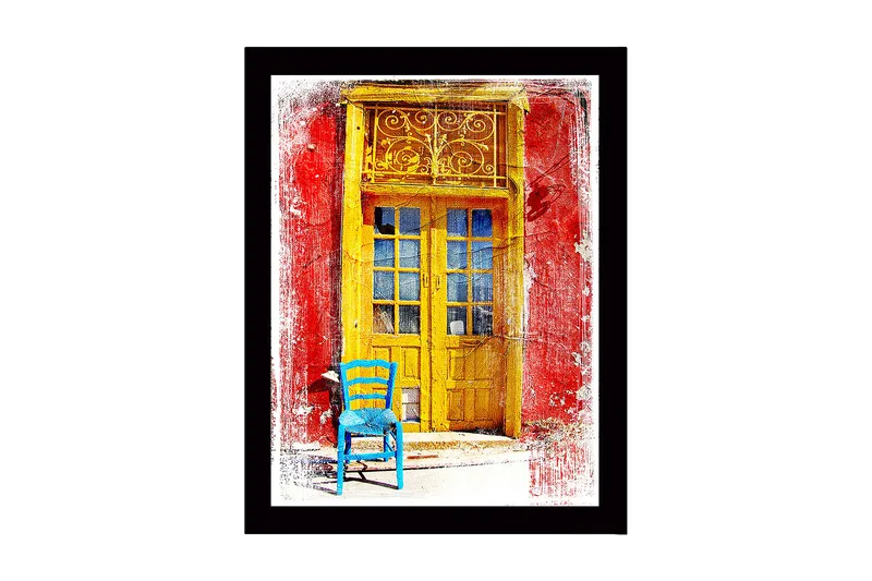 Innrammet trelerretsbilde - 41x56 cm - Gyllen dør med en blå stol foran på en rød vegg, Gul / Blå / Rød