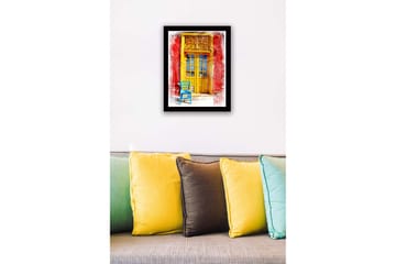 Innrammet trelerretsbilde - 41x56 cm - Gyllen dør med en blå stol foran på en rød vegg - Gul / Blå / Rød - Interiør - Maleri & posters - Lerretsbilder