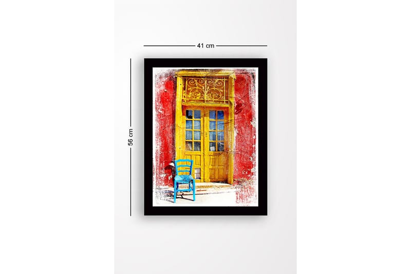 Innrammet trelerretsbilde - 41x56 cm - Gyllen dør med en blå stol foran på en rød vegg - Gul / Blå / Rød - Interiør - Maleri & posters - Lerretsbilder