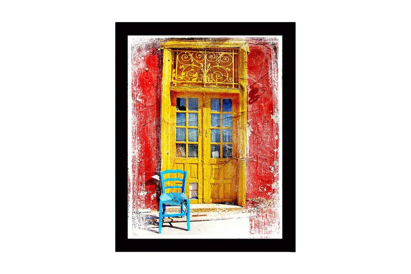 Innrammet trelerretsbilde - 41x56 cm - Gyllen dør med en blå stol foran på en rød vegg, Gul / Blå / Rød