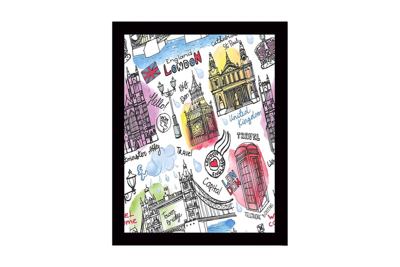 Innrammet trelerretsbilde - 41x56 cm - Illustrert kart over London med kjente landemerker og symboler, Rød / Blå / Lilla