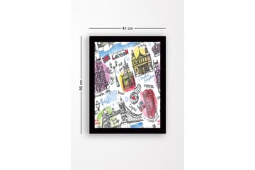 Innrammet trelerretsbilde - 41x56 cm - Illustrert kart over London med kjente landemerker og symboler - Rød / Blå / Lilla - Interiør - Maleri & posters - Lerretsbilder