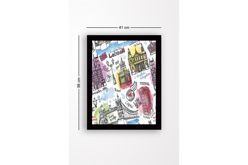 Innrammet trelerretsbilde - 41x56 cm - Illustrert kart over London med kjente landemerker og symboler - Rød / Blå / Lilla - Interiør - Maleri & posters - Lerretsbilder