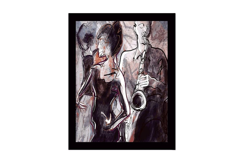 Innrammet trelerretsbilde - 41x56 cm - Jazzmusiker som spiller saksofon med dansende silhuetter i bakgrunnen, Mørk rød / Grå / Svart