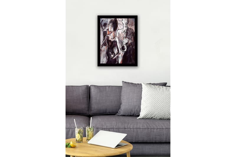Innrammet trelerretsbilde - 41x56 cm - Jazzmusiker som spiller saksofon med dansende silhuetter i bakgrunnen - Mørk rød / Grå / Svart - Interiør - Maleri & posters - Lerretsbilder