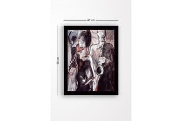 Innrammet trelerretsbilde - 41x56 cm - Jazzmusiker som spiller saksofon med dansende silhuetter i bakgrunnen - Mørk rød / Grå / Svart - Interiør - Maleri & posters - Lerretsbilder