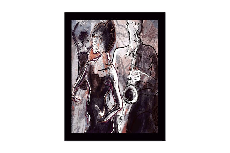 Innrammet trelerretsbilde - 41x56 cm - Jazzmusiker som spiller saksofon med dansende silhuetter i bakgrunnen, Mørk rød / Grå / Svart