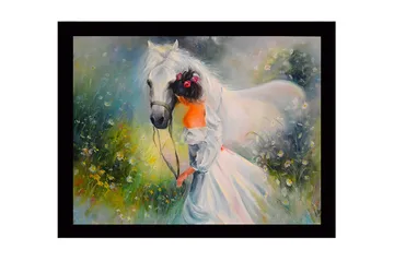 Innrammet trelerretsbilde - 41x56 cm - Jente som leder en hvit hest i en blomstrende eng - Hvit / Grønn / Oransje - Interiør - Maleri & posters - Lerretsbilder