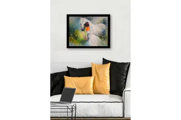 Innrammet trelerretsbilde - 41x56 cm - Jente som leder en hvit hest i en blomstrende eng - Hvit / Grønn / Oransje - Interiør - Maleri & posters - Lerretsbilder