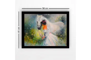 Innrammet trelerretsbilde - 41x56 cm - Jente som leder en hvit hest i en blomstrende eng - Hvit / Grønn / Oransje - Interiør - Maleri & posters - Lerretsbilder