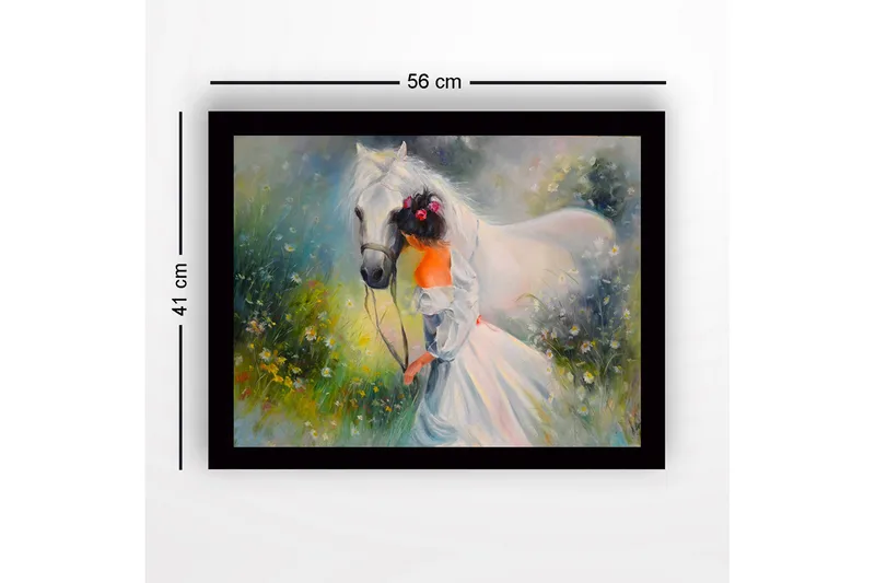 Innrammet trelerretsbilde - 41x56 cm - Jente som leder en hvit hest i en blomstrende eng - Hvit / Grønn / Oransje - Interiør - Maleri & posters - Lerretsbilder