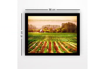 Innrammet trelerretsbilde - 41x56 cm - Landlig scene med et rødt hus omgitt av grønne åkre og pløyde åkrer - Grønn / Oransje / Rød - Interiør - Maleri & posters - Lerretsbilder