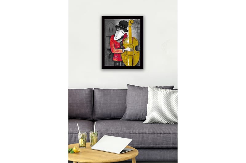 Innrammet trelerretsbilde - 41x56 cm - Musiker som omfavner en kontrabass - Gul / Rød / Grå - Interiør - Maleri & posters - Lerretsbilder