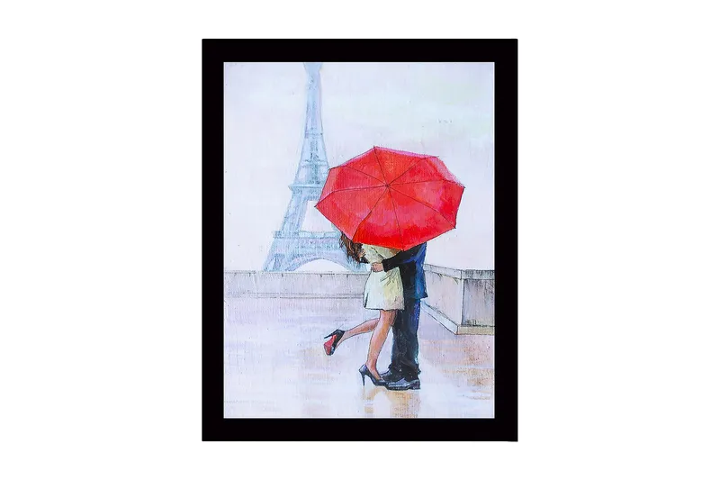 Innrammet trelerretsbilde - 41x56 cm - Romantisk kyss under en rød paraply i Paris, Rød / Beige / Blå