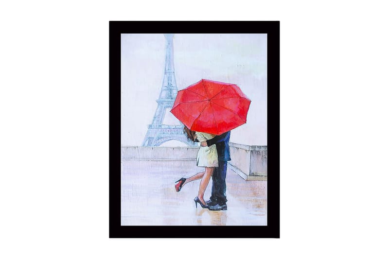 Innrammet trelerretsbilde - 41x56 cm - Romantisk kyss under en rød paraply i Paris, Rød / Beige / Blå