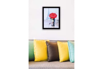 Innrammet trelerretsbilde - 41x56 cm - Romantisk kyss under en rød paraply i Paris - Rød / Beige / Blå - Interiør - Maleri & posters - Lerretsbilder