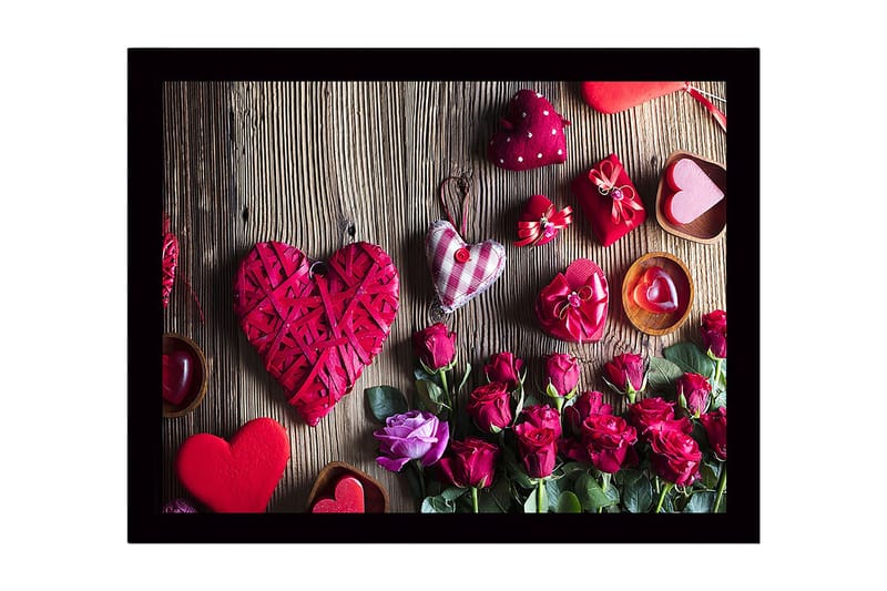 Innrammet trelerretsbilde - 41x56 cm - Romantisk samling av hjerteformede dekorasjoner og roser, Rød / Rosa / Grønn