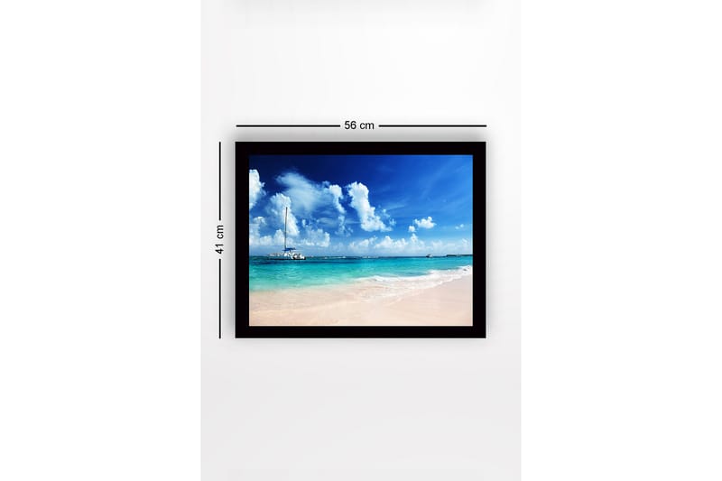 Innrammet trelerretsbilde - 41x56 cm - Seilbåt på en klar blå strand - Blå / Turkis / Hvit - Interiør - Maleri & posters - Lerretsbilder