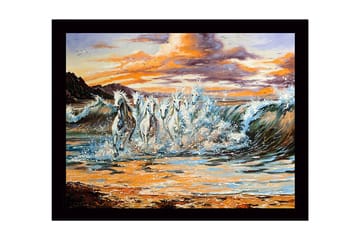 Innrammet trelerretsbilde - 41x56 cm - Sprudlende hester galopperer gjennom bølgene ved solnedgang - Hvit / Blå / Oransje - Interiør - Maleri & posters - Lerretsbilder