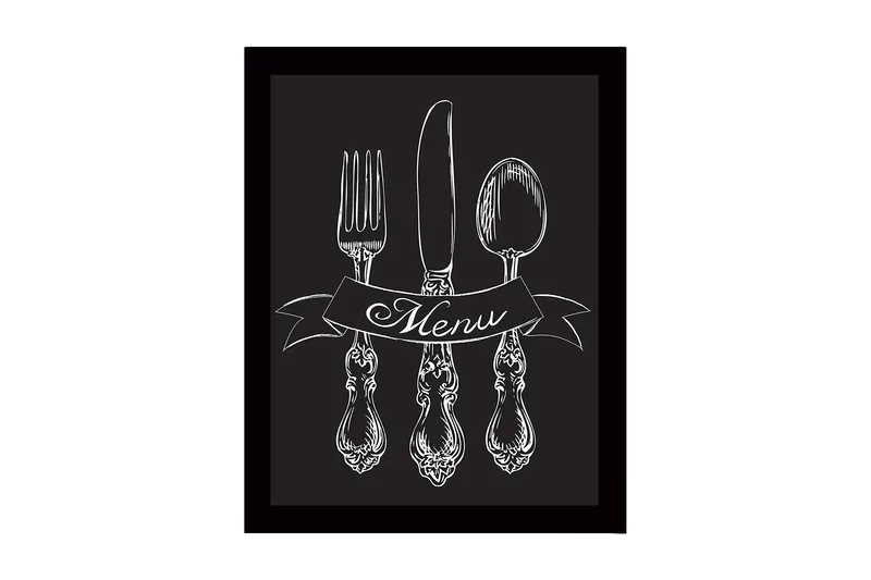 Innrammet trelerretsbilde - 41x56 cm - Stilisert bestikksett med banner som viser ordet Menu, Hvit / Svart